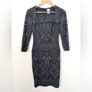 Vintage 90s‎ Y2K Brocade Print Stretchy Knit Bodycon Mini Dress Gray Size Small